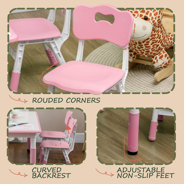 Kids Table and Chair Set (4 Chairs, Adjustable Height, Easy to Clean, Ages 1.5-5), Pink