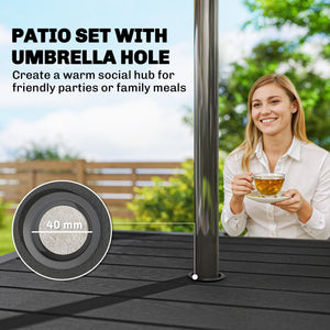 Outdoor dining set for 4 people, wood-look metal patio table and stackable chairs, black