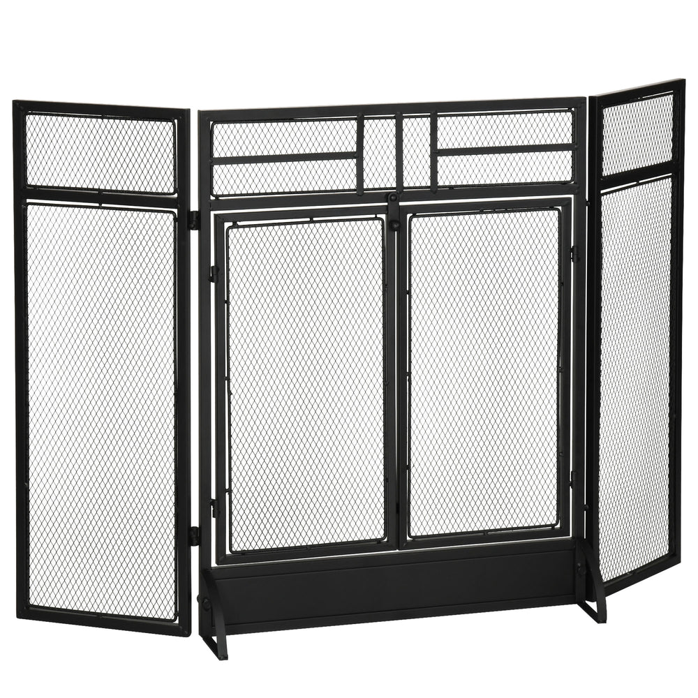Pare-étincelles décoratif à 3 panneaux en acier grillagé avec portes doubles, noir