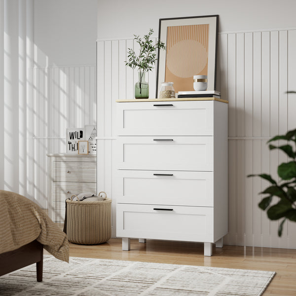 Commode à 4 tiroirs pour chambre avec pieds en bois massif, Couleur : blanc.