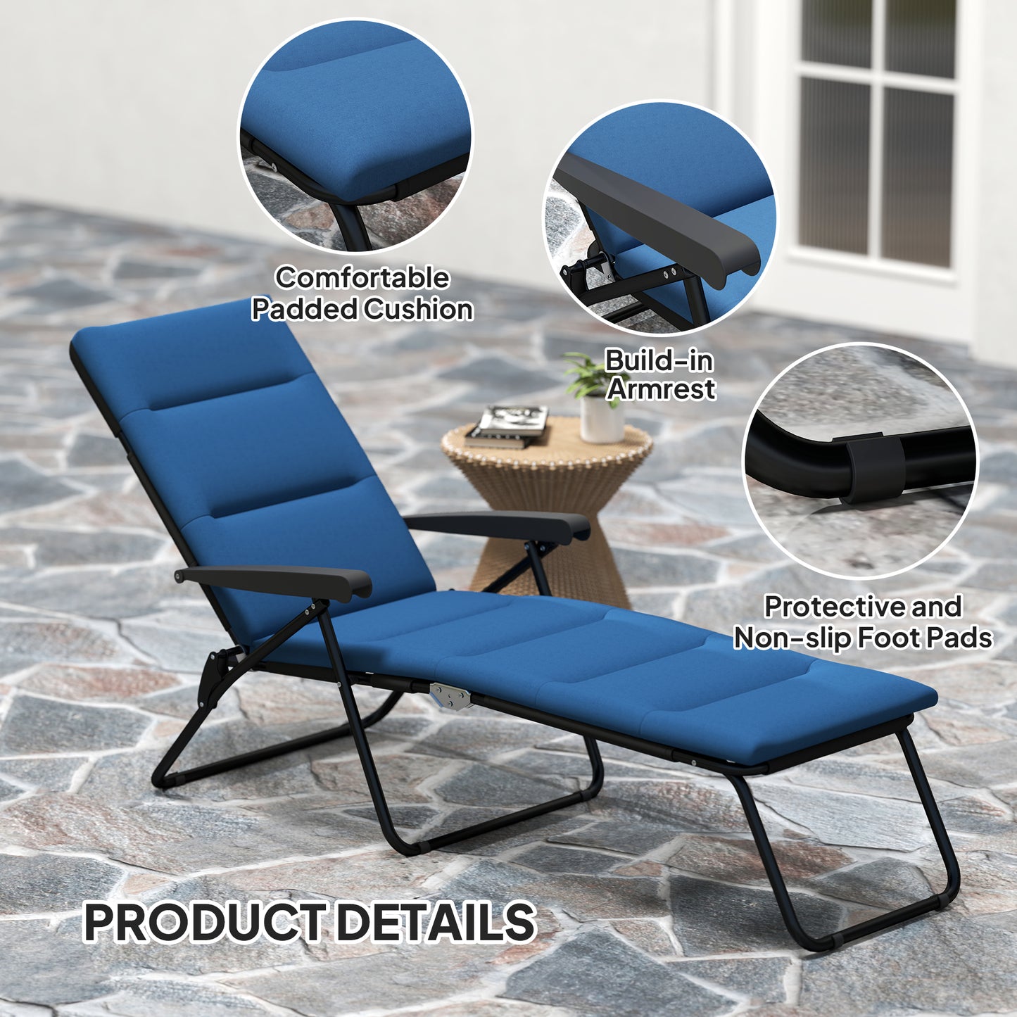 Chaise longue inclinable avec dossier réglable sur 6 positions, bleu