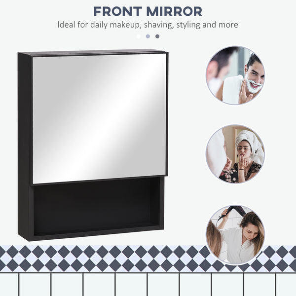Armoire à miroir murale avec porte simple, étagères de rangement et cadre en acier inoxydable, noire