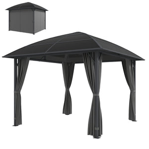 Gazebo toit rigide 10 pi x 10 pi avec structure en acier, crochet central et rideaux, gris clair, en polycarbonate anti-UV50+.