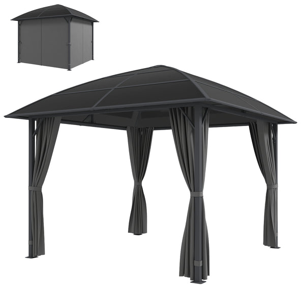 Gazebo toit rigide 10 pi x 10 pi avec structure en acier, crochet central et rideaux, gris clair, en polycarbonate anti-UV50+.