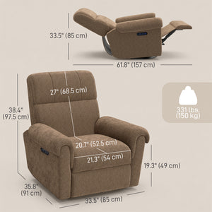 Fauteuil inclinable électrique, revêtu de tissu, avec ports USB, fonction pivotante et à bascule, et repose-pieds.