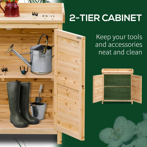 Wooden garden shed with interior shelf and double door, natural color