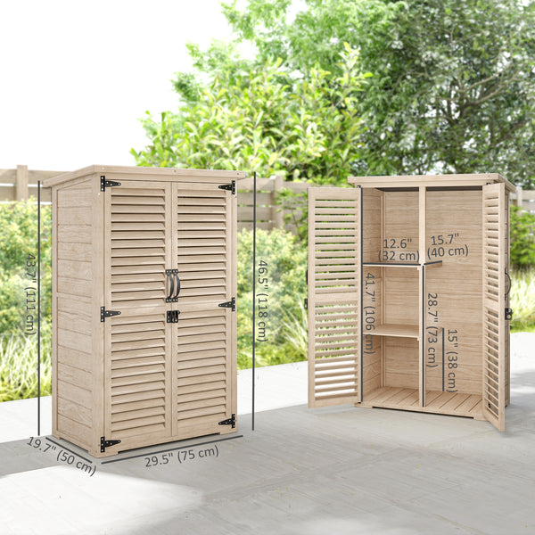 Wooden garden shed with waterproof asphalt roof, shelves, natural color
