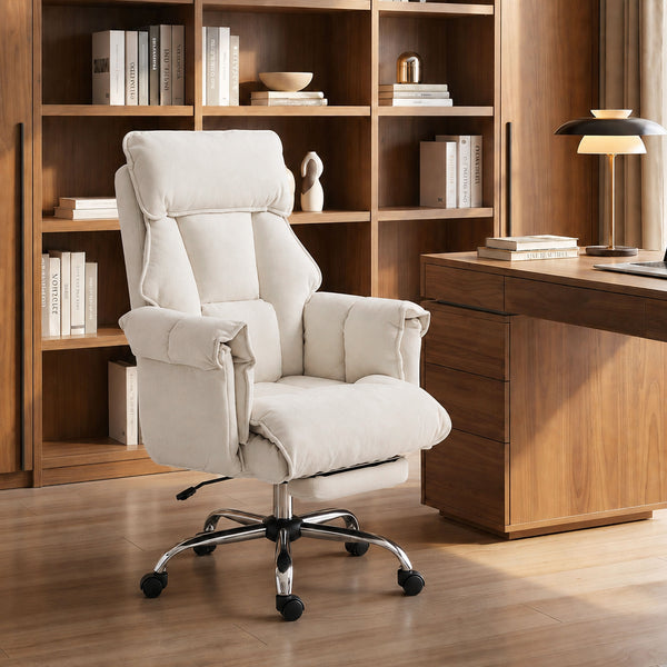 Desk Chair, Computer Office Chair with Footrest, Adjustable Backrest and Headrest, Cream White