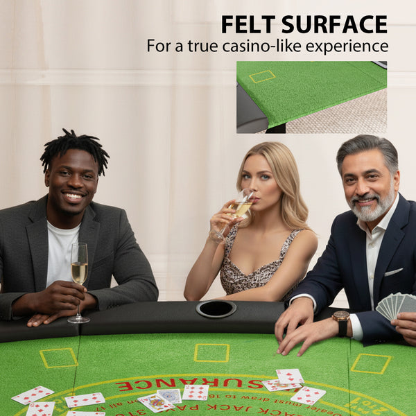 Folding poker table for 8 players, ideal for blackjack, Texas Hold'em and casino leisure, with 7 cup holders, green.