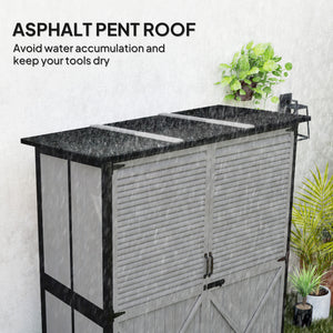 Abri de jardin en bois, structure en acier, toit en asphalte, 2 étagères et portes verrouillables, gris