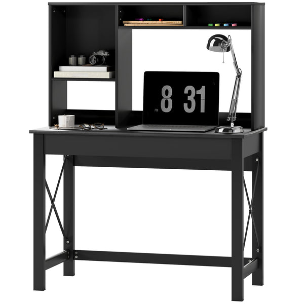 Computer desk with shelf, storage and open compartments, black