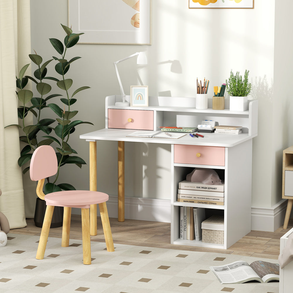 Kids Study Table and Chair Set with Storage and Shelves, for 3-8 Year Olds, Pink