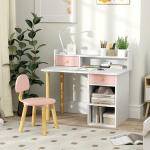 Kids Study Table and Chair Set with Storage and Shelves, for 3-8 Year Olds, Pink