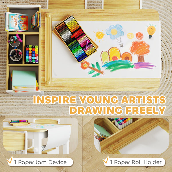 Toddler Table and Chairs with Paper Roll, Storage Shelves and Drawers, Natural Wood