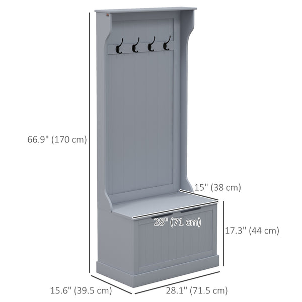 Meuble d'entrée 3 en 1 avec porte-manteaux, rangement à chaussures et banquette, crochets pour couloir, salon, gris