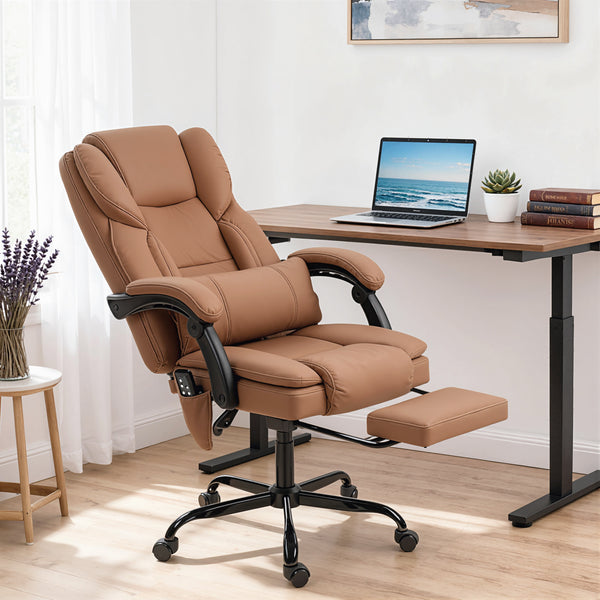 Office chair with massage function, reclining, in faux leather with lumbar support and footrest, brown