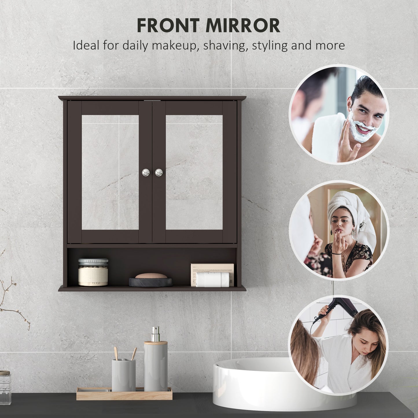 Medicine cabinet with mirror and double doors, dark brown