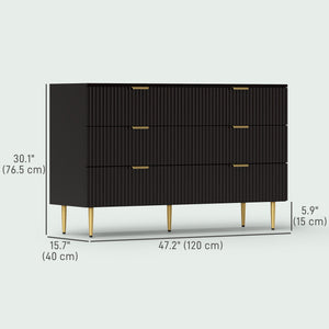 Commode moderne à 6 tiroirs pour chambre à coucher avec pieds et poignées dorés, noir