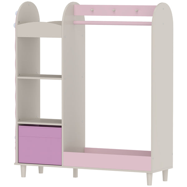 Qaba Kids Clothing Rack, Kids Wardrobe with Light-Up Mirror, Non-Woven Drawer and Shelves for Bedroom, Ages 3-8, Pink