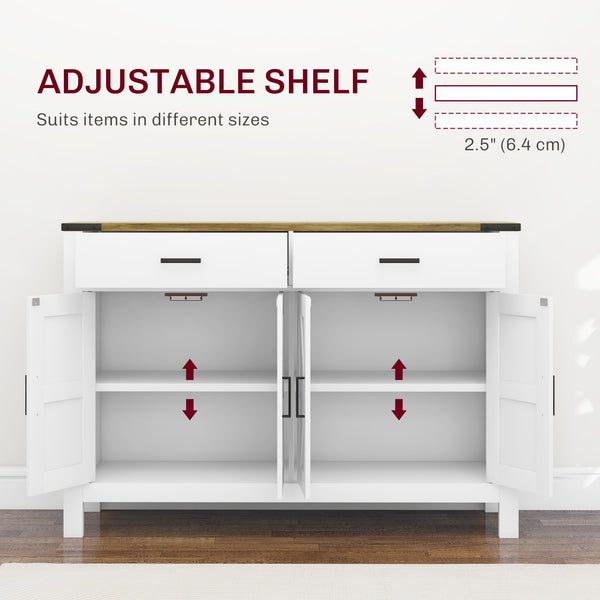 Farmhouse style sideboard with 2 drawers, 2 storage compartments and adjustable shelves, white