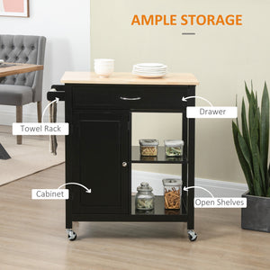 Rolling kitchen trolley with wooden top and drawer, black