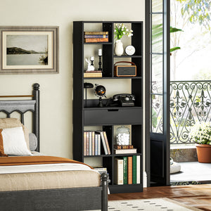 Bibliothèque haute avec tiroir, autoportante pour chambre, salon, bureau, noir