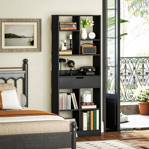 Bibliothèque haute avec tiroir, autoportante pour chambre, salon, bureau, noir