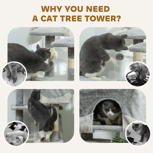 53" Cat Tree with Scratching Post, Large Kitten Playhouse, Multi-Level Activity Center, Gray