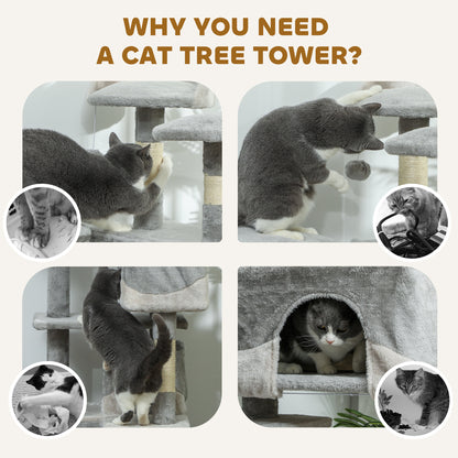 53" Cat Tree with Scratching Post, Large Kitten Playhouse, Multi-Level Activity Center, Gray