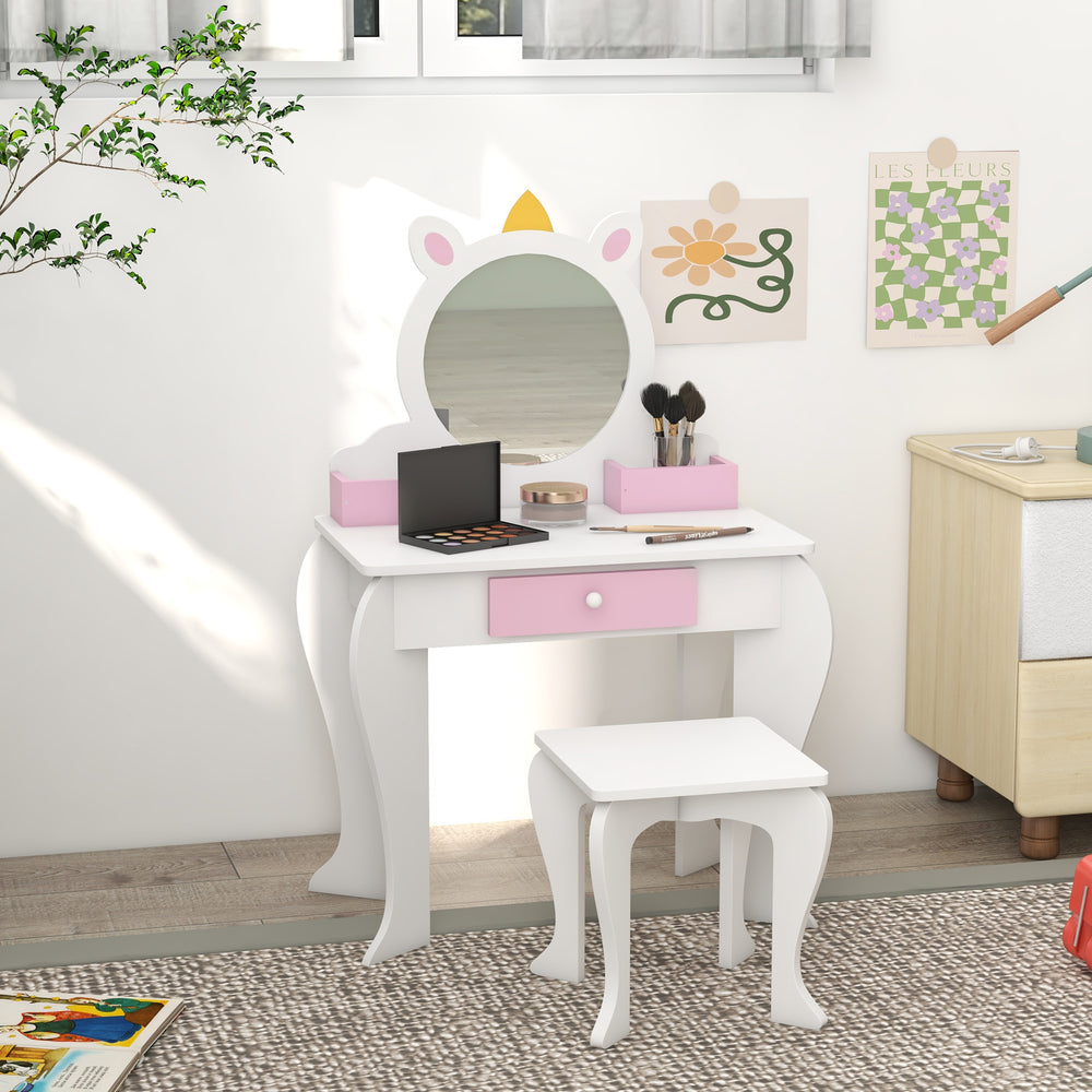 Coiffeuse avec tabouret, miroir, tiroir et boîtes de rangement, motif licorne, blanc