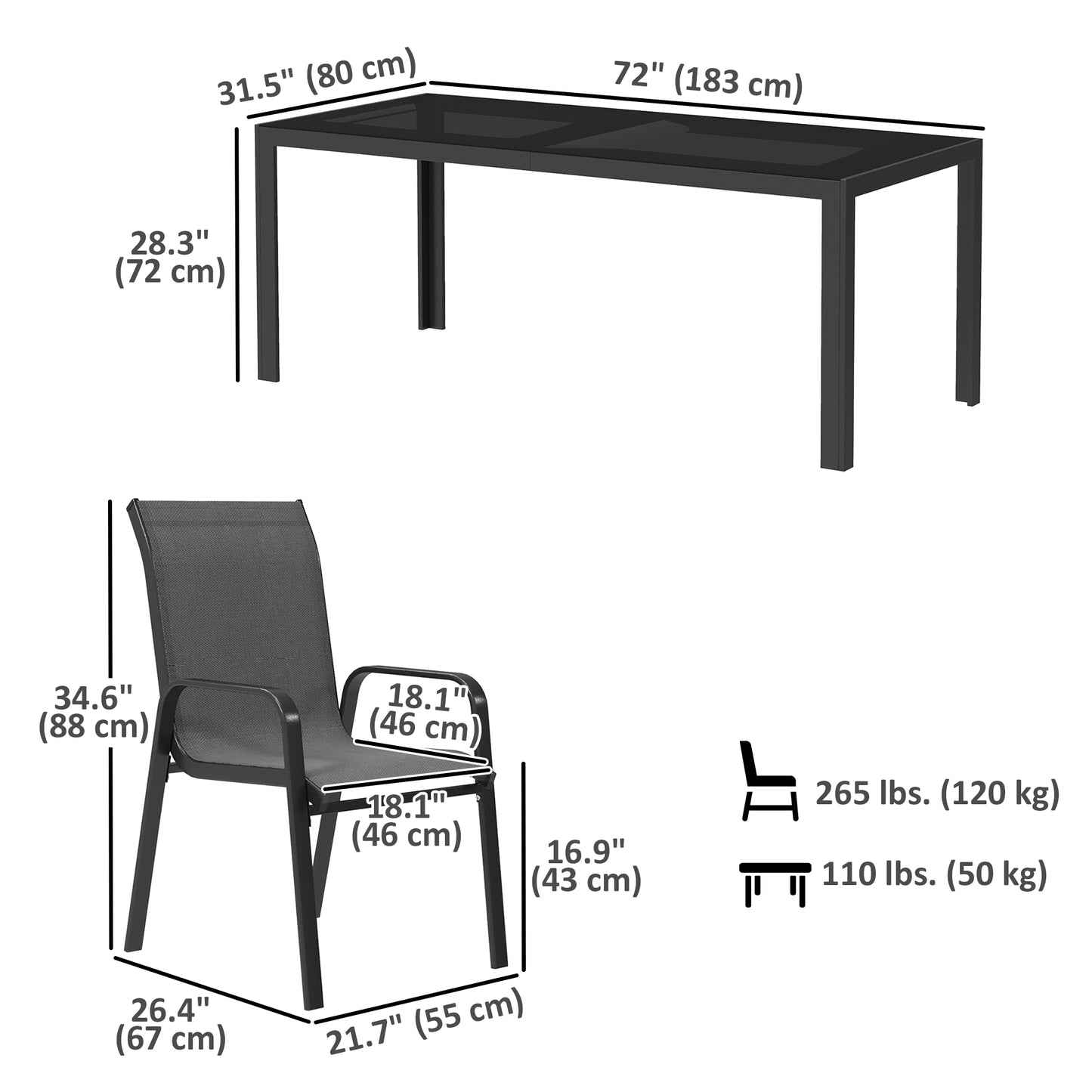 Outsunny 9-Piece Dining Set with Stackable Chairs and Glass Top for Garden, Patio and Backyard, Grey