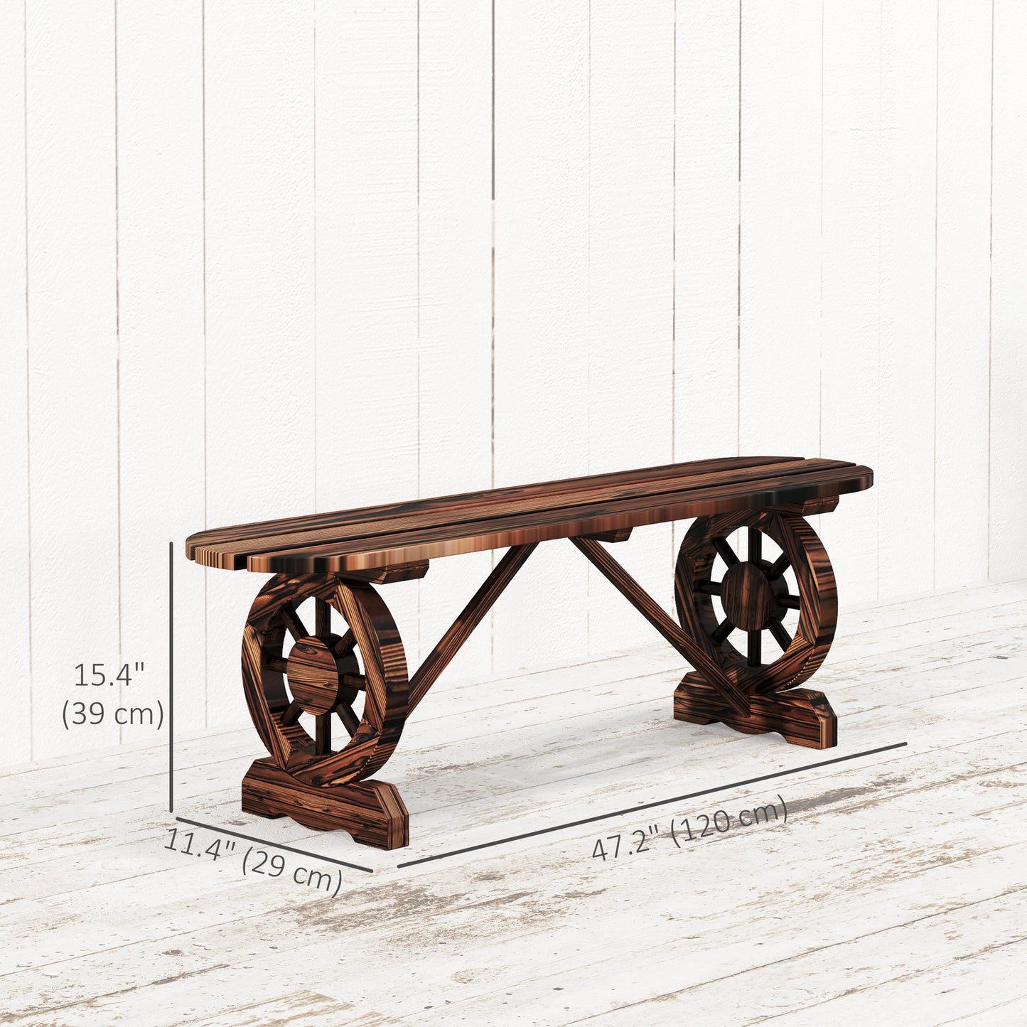 Banc de jardin en bois avec pieds en forme de roue de chariot, carbonisé