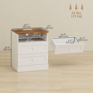 Table de chevet avec station de charge et 2 tiroirs, lot de 2, blanc et chêne