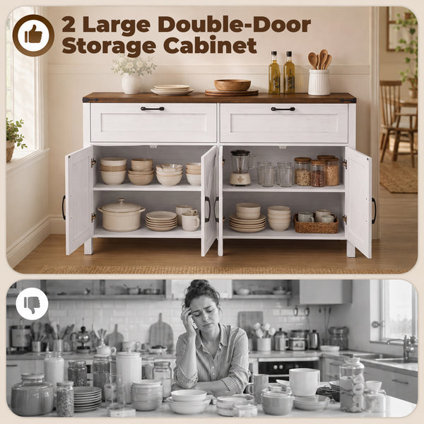 Buffet de rangement 55 po avec 2 tiroirs, 2 armoires et tablettes ajustables, blanc