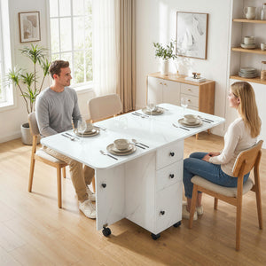Table de salle à manger à abattants sur roulettes avec tiroirs et placard, blanc marbré