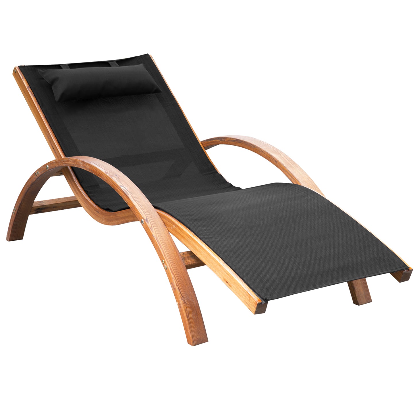 Outsunny Outdoor Wooden Reclining Patio Camping Lounge Chair with Headrest, Teak and Black