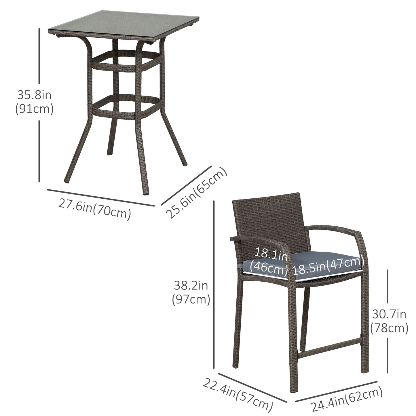 Outsunny 3 Pieces Patio Bar Set Wicker Garden Bistro Set Outdoor Furniture PE Rattan Table and Stools with Seat Cushion, Gray |