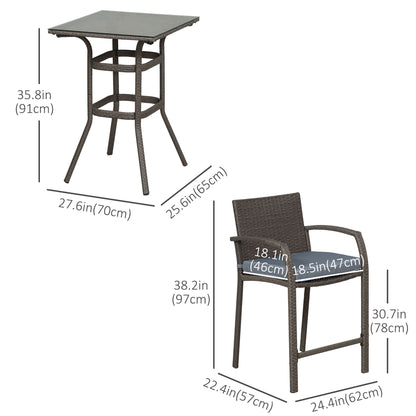 Outsunny 3 Pieces Patio Bar Set Wicker Garden Bistro Set Outdoor Furniture PE Rattan Table and Stools with Seat Cushion, Gray |