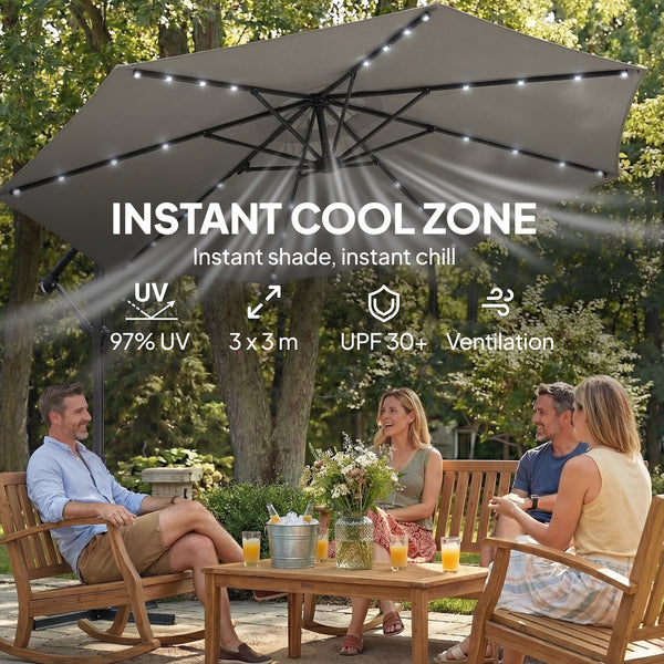 2.95 m cantilever parasol with solar lighting, protective cover, tilt and crank, grey
