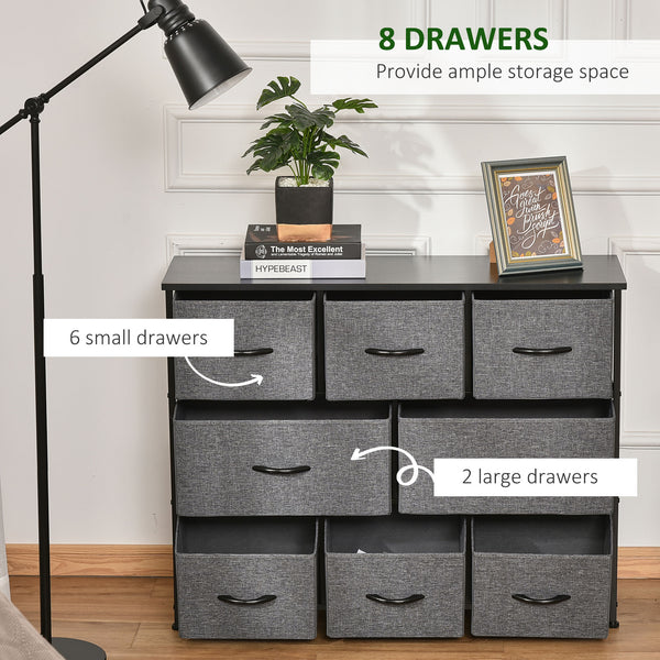8-bin dresser storage tower with metal frame and fabric drawers