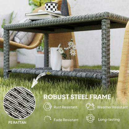 Table basse d'extérieur 35" en osier avec plateau en verre et étagère de rangement, gris foncé