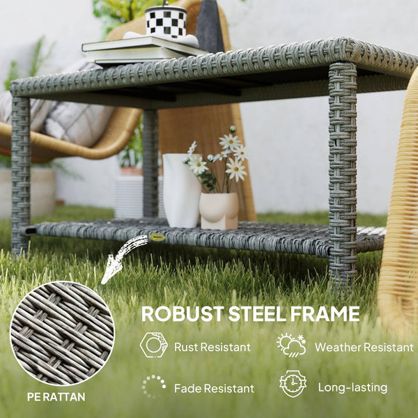 Table basse d'extérieur 35" en osier avec plateau en verre et étagère de rangement, gris foncé
