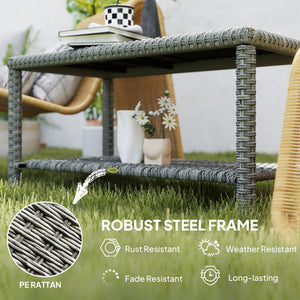 Table basse d'extérieur en résine tressée avec plateau en verre et étagère de rangement, gris