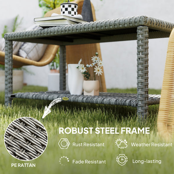 Table basse d'extérieur en résine tressée avec plateau en verre et étagère de rangement, gris