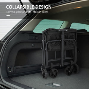 Chariot de jardin pliable avec roues universelles et poignée réglable, noir.