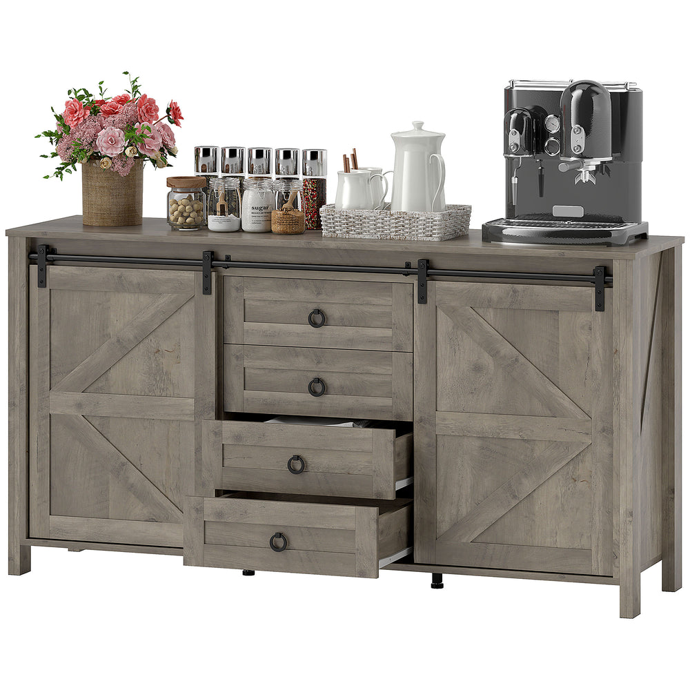 Buffet de style campagnard avec portes coulissantes, tiroirs et étagères réglables, gris clair vieilli