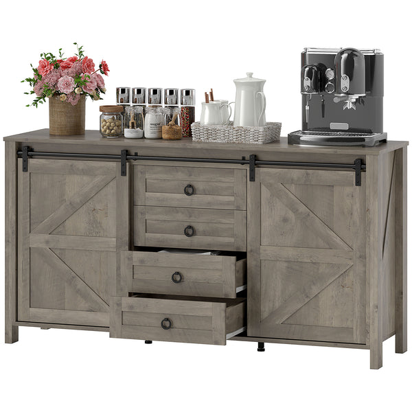 Buffet de style campagnard avec portes coulissantes, tiroirs et étagères réglables, gris clair vieilli