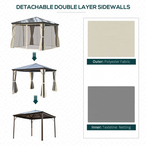 Toit de jardin rigide 10 x 10 avec structure métallique robuste avec rideaux et toit imperméable, couleur beige café
