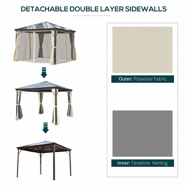 Toit de jardin rigide 10 x 10 avec structure métallique robuste avec rideaux et toit imperméable, couleur beige café