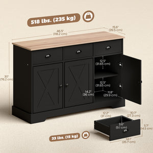 Farmhouse style sideboard, with 3 sliding doors and 3 drawers, for living room or kitchen, black.